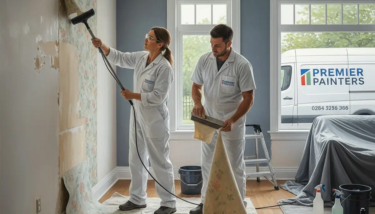 Wallpaper removal in Louisville, KY by Louisville Paint Pros preparing walls for painting