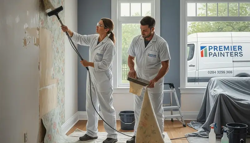 Wallpaper removal in Louisville, KY by Louisville Paint Pros preparing walls for painting